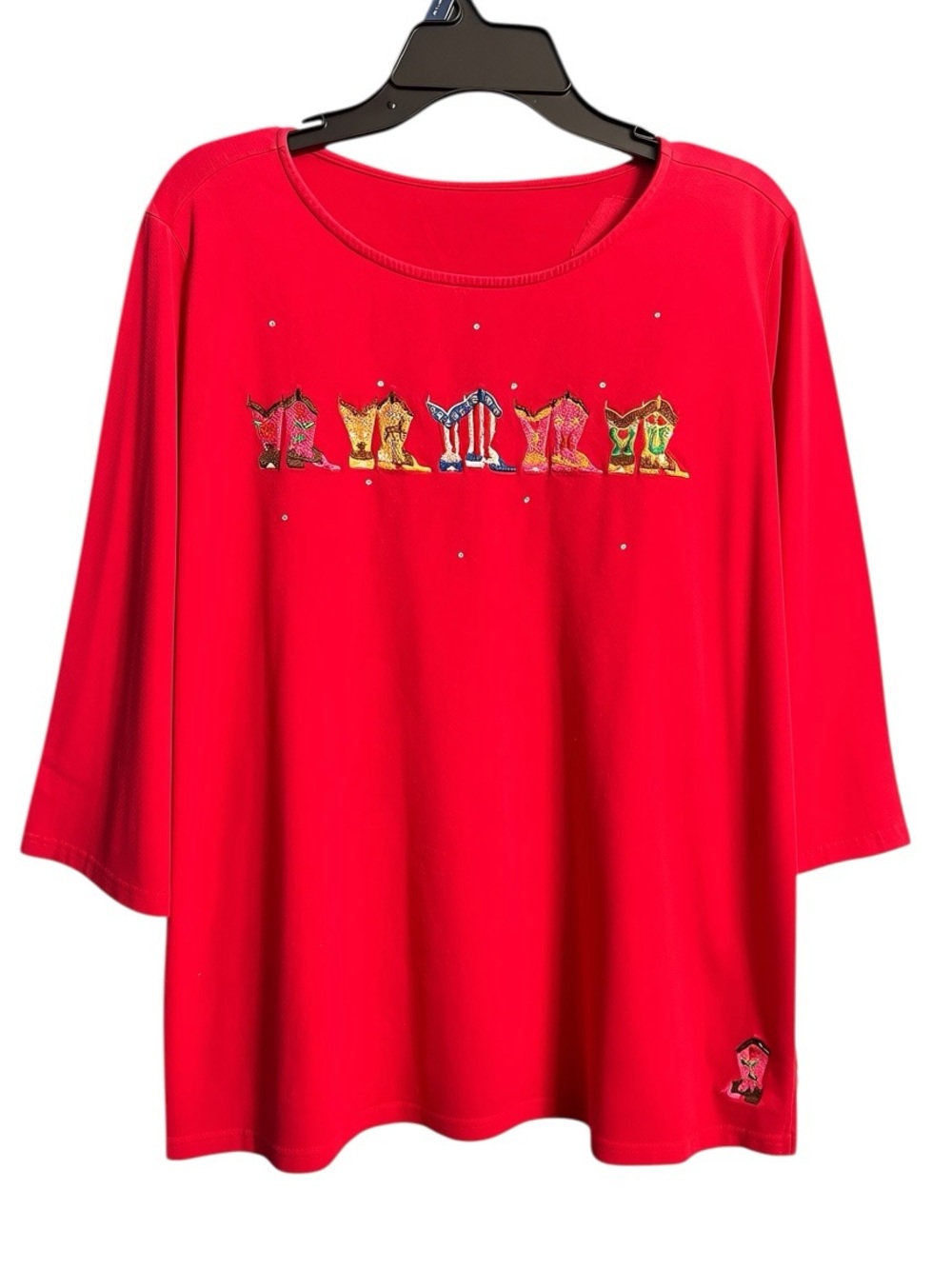 Quacker Factory Red Patriotic Cowgirl Boots Rhinestone 3/4 Sleeve Top  Large